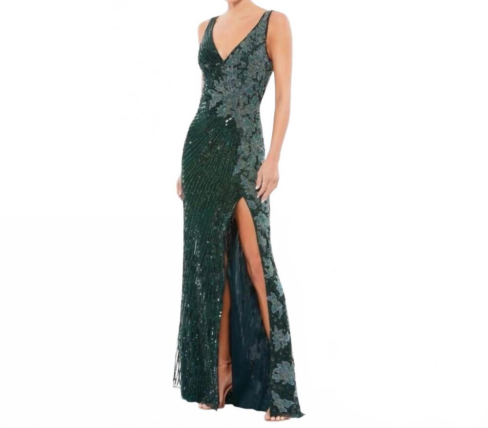 NEW MAC DUGGAL beaded floral sequin gown in emerald green